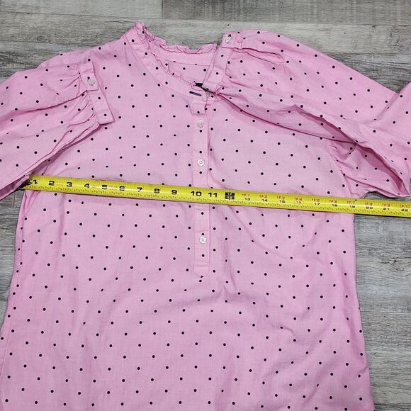 TALBOTS Pink Black Polka Dot 100% Cotton Ruffle Neck 1/2 Button Blouse Medium - Picture 7 of 9
